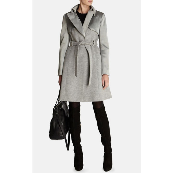 NWOT Karen millen Grey Wool Cashmere Satin Collared Trench Peacoat 8