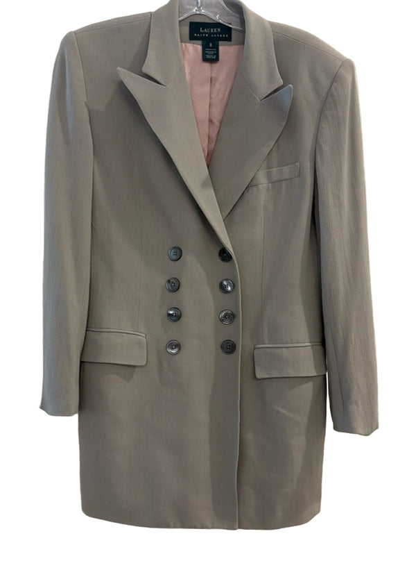 VTG Ralph Lauren Women’s Taupe Grey Longline Double-Breasted Blazer Size 8