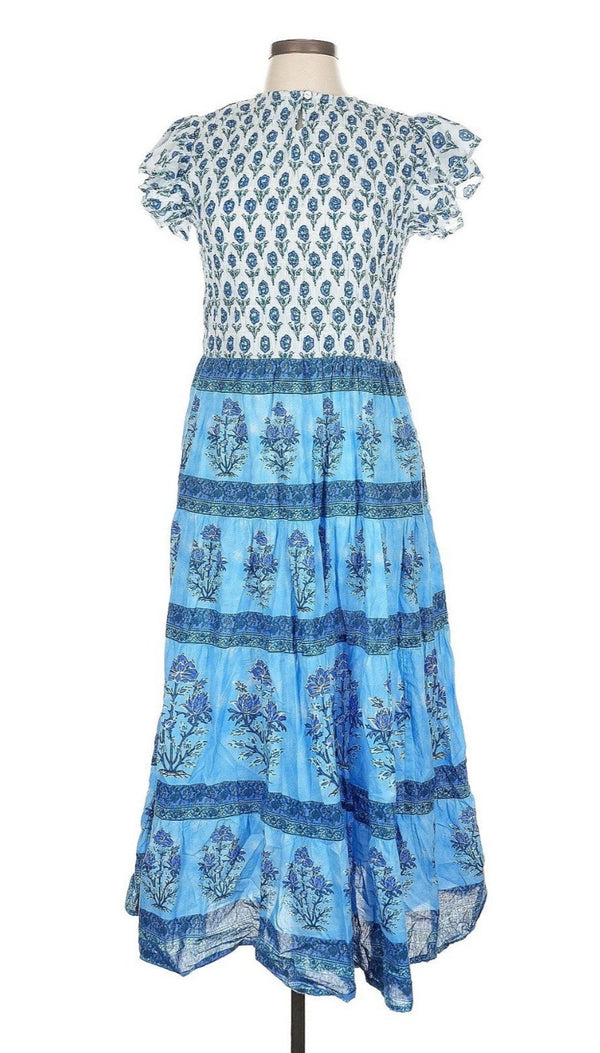 Bindu Women’s Bella Cornflower Print Blue Cotton Midi Dress – Made in India, Size Large