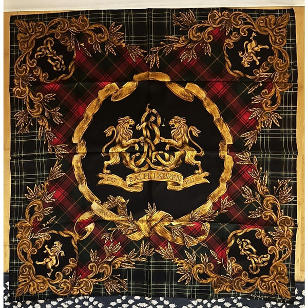 Ralph Lauren Crest Red Silk Tartan Lion Gold Silk 35 X 35” Scarf