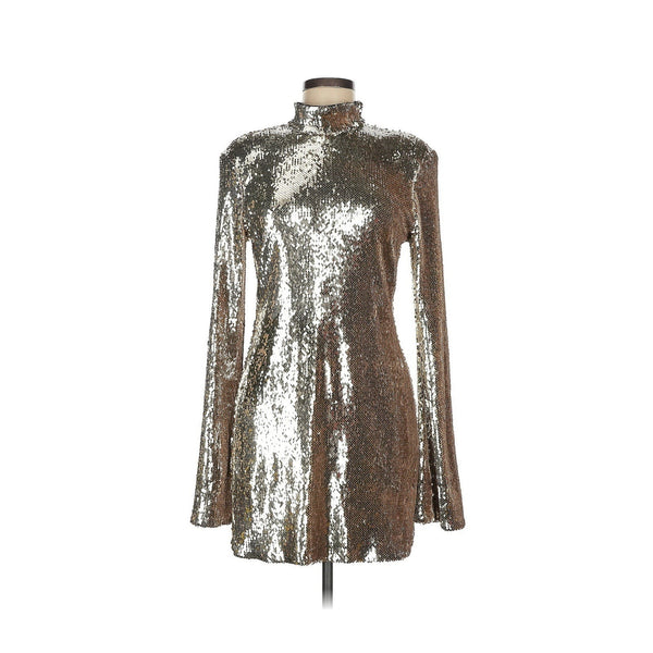 L'Academie Women's Marit Mini Dress – Champagne Silver Gold, Mockneck Open Back, Medium