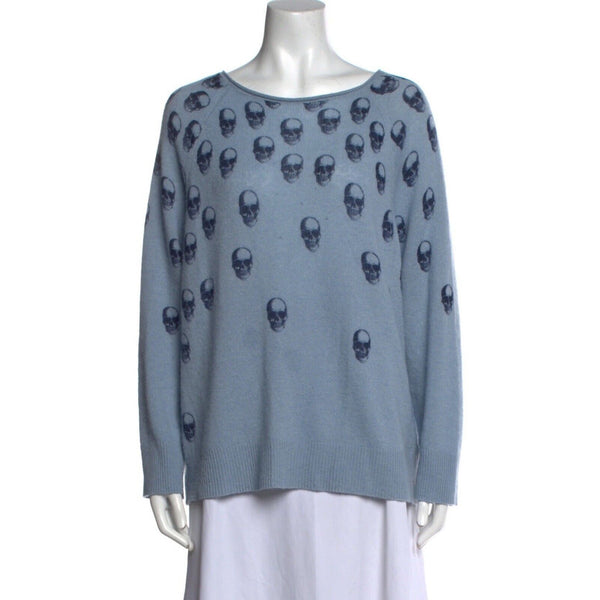 Skull Cashmere Blue Printed Long Sleeve Crew Neck Sweater Large