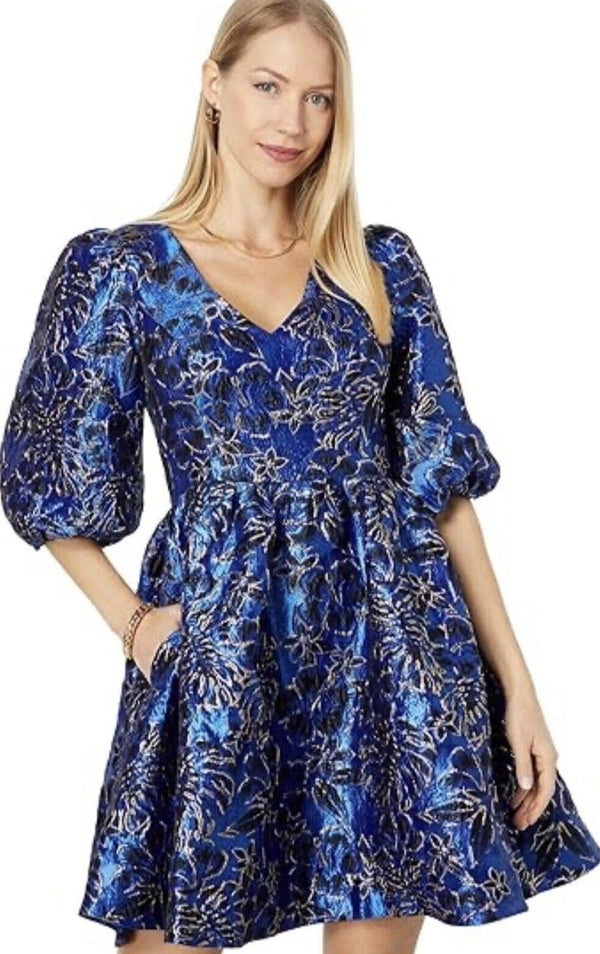 LILLY PULITZER Dress Calyssa Blue Grotto Twilight Floral Brocade Puff Sleeve 10