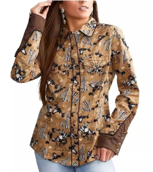 Wrangler Women's X Leon Bridges Cowboy Print Snap Button Down Shirt - Brown, Size Large