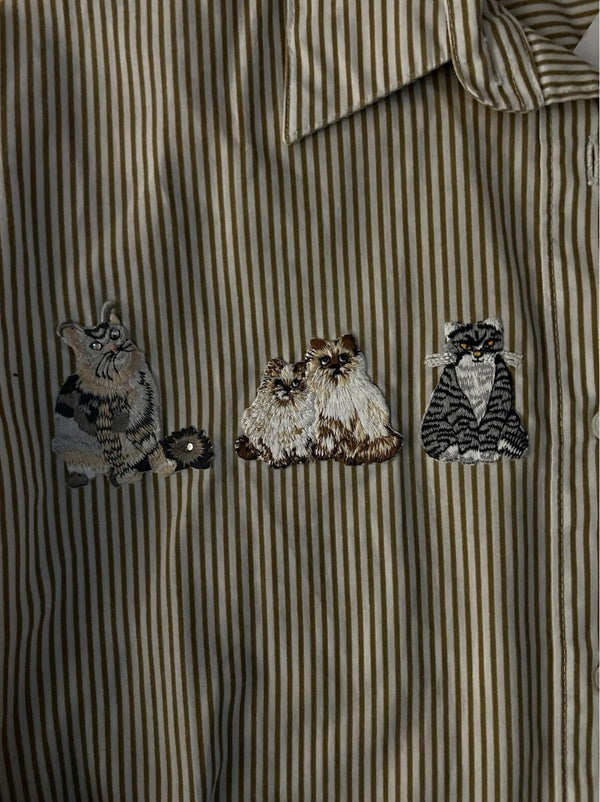 VTG Women's Striped Cat Embroidered Button-Up, Tan & Cream, Size XL