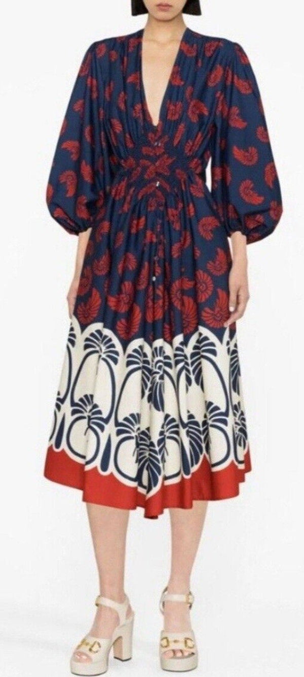 La Doublej Women's Camerino Shift Dress, Navy Red White Cotton Floral Puff Sleeves, Size Small