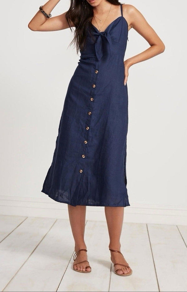 Anthropologie Women's Faithfull the Brand Charlotte Linen Midi Dress Navy Small