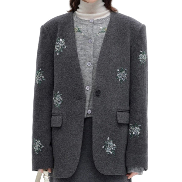 Selfwho Women’s Gray Embroidered Beaded Wool Collarless Blazer