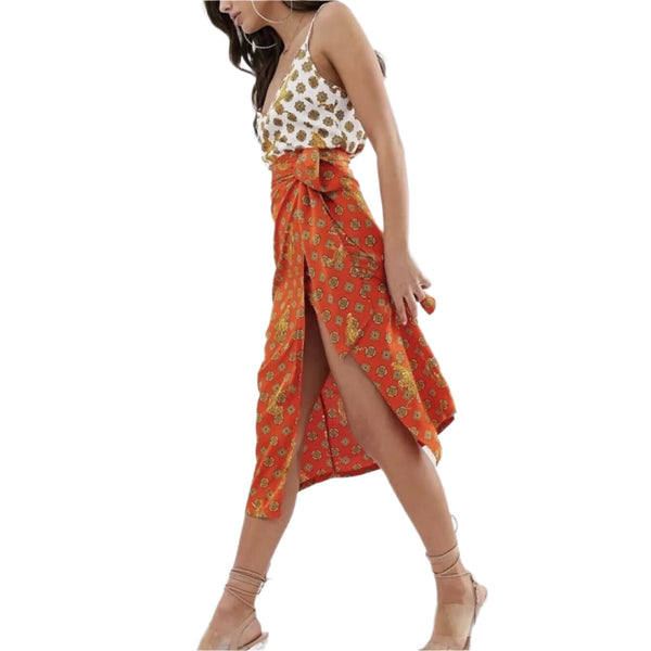 Never Fully Dressed Wrap Satin Tiger Print Red Gold Printed Midi Jungle Skirt M