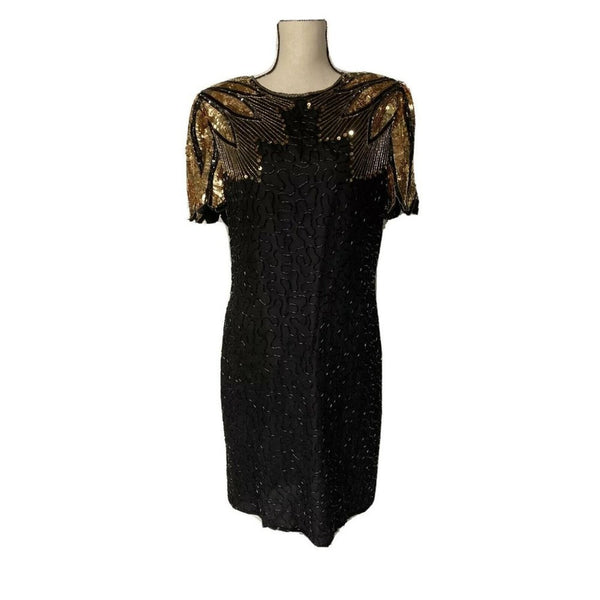 VTG KAZAR Mark & John Sam Evening Dress Black Beading Gold Sequins silk medium