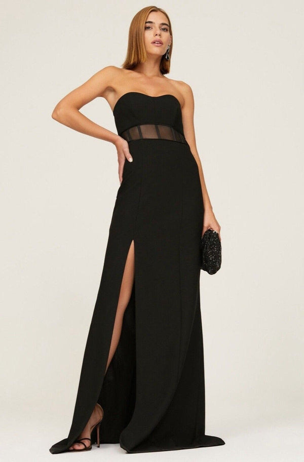 Cinq a Sept Annalie Gown Strapless Sheath Maxi Dress Black Long Slit 6 FLAW