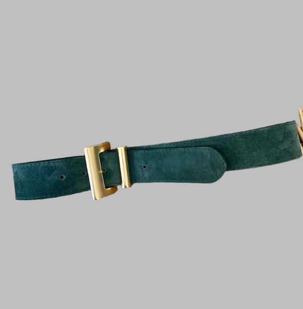 VTG Express Women's Genuine Leather Emerald Green Gold Art Deco Statement Belt - Medium