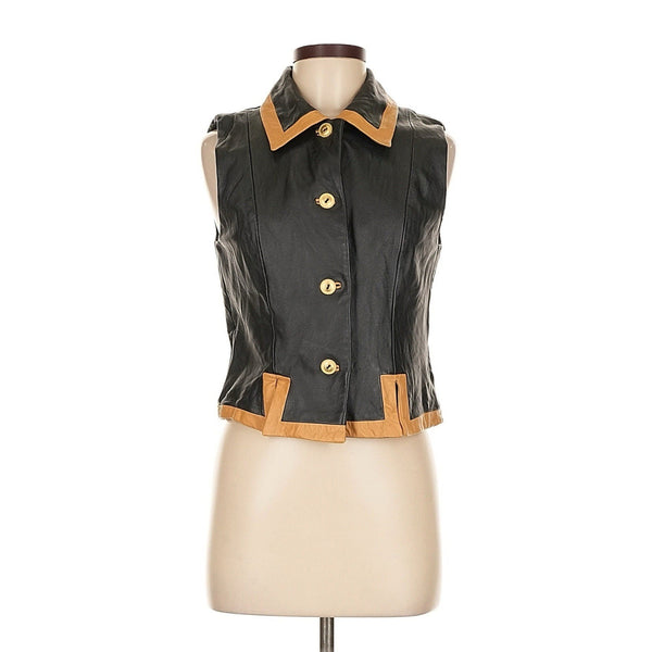 VTG Margaret Godfrey Women’s Genuine Leather Vest – Black with Brown Trim – Size Medium