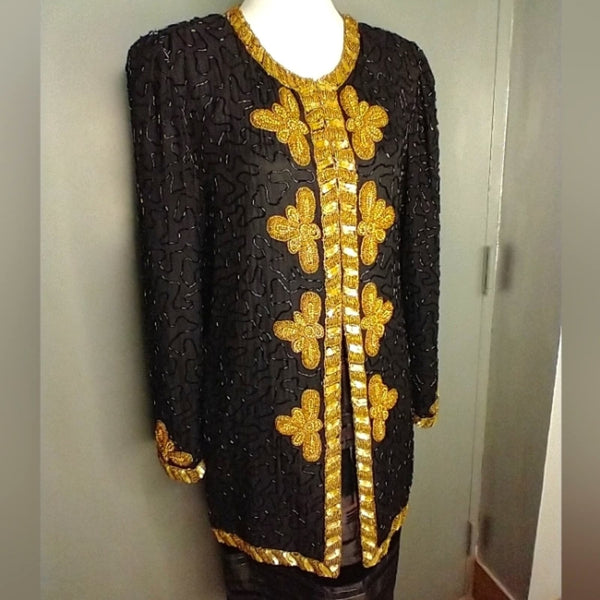 VINTAGE KAZAR BEADED sequin gold black silk long EVENING JACKET coat small