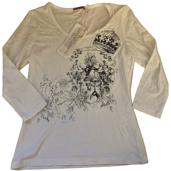 NWT Luisa Cerano Women’s V-Neck Beaded Graphic Tunic Top – Gray, Size 8