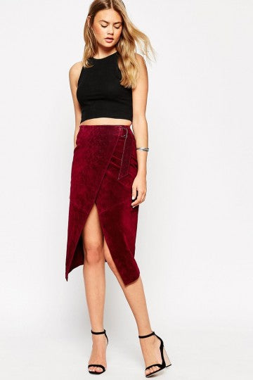 NWT ASOS Women's Leather Suede Midi Wrap Bow Slit Skirt, Burgundy, Size 6