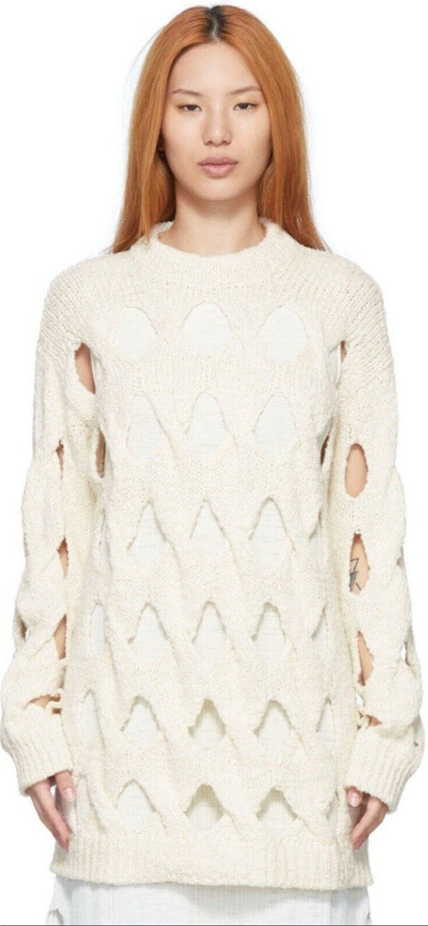 Rus Women's Organic Cotton Cream White Amu Cut-Out Knit Sweater - Size Medium