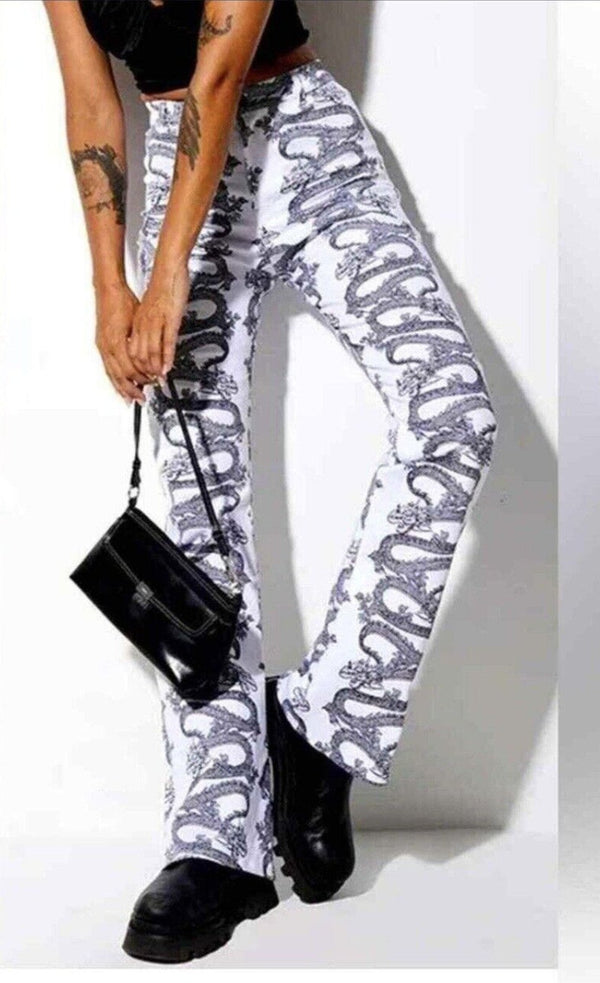 MOTEL ROCKS Zoven Trouser in Dragon Rope White Black High Rise Pants M