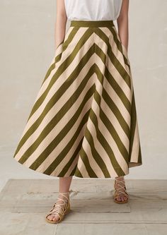 Toast Women's Wide Stripe Cotton Midi Skirt in Green and Cream, Size US 8