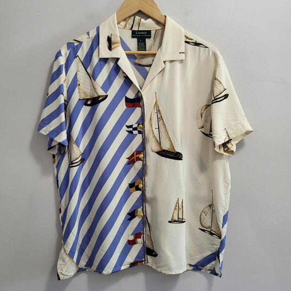 VTG Lauren Ralph Lauren, Women's 100% Silk Sailboat Button-Up Novelty Shirt, Short Sleeve , Multicolor, Large