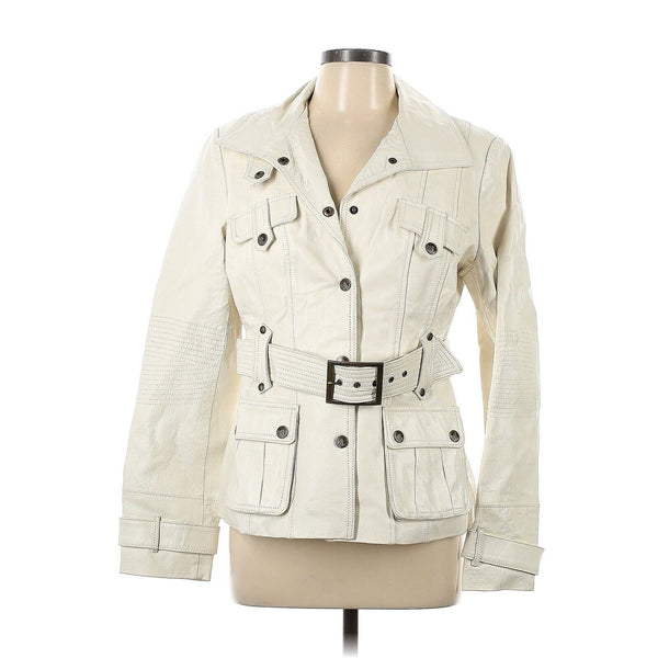 GEORGIOU STUDIO Women's White Leather Safari Jacket, 100% Pig Nappa Leather, Size 12