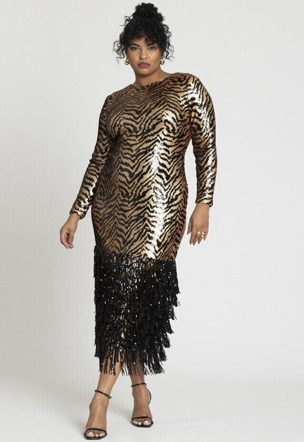 Eloquii Collector's Edition Women's Animal Zebra Print Sequin Fringe Dress - Gold Black, Plus Size 26