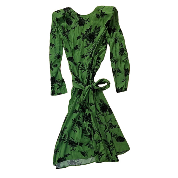 NWOT Something Navy Women's Green Midi Tie Dress with Black Floral Print - Size Large