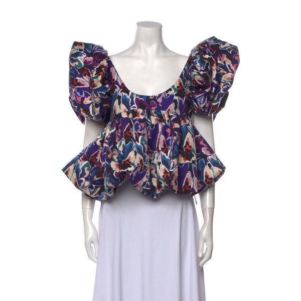 NWOT Kika Vargas Women's Chiara Butterfly Print Puff Sleeve Peplum Top, Purple Blue, Medium