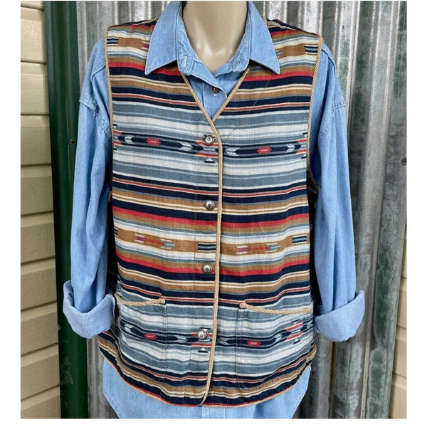 VTG Jones York Aztec Printed/Striped Linen Vest Blue Red Western M