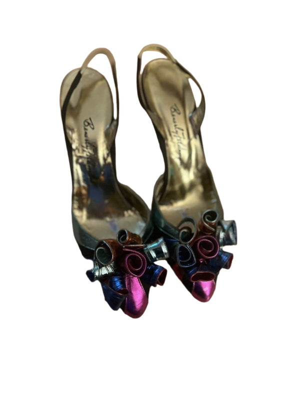 Vintage Beverly Feldman Women's Confetti Rainbow Gold Slingback Pumps 8