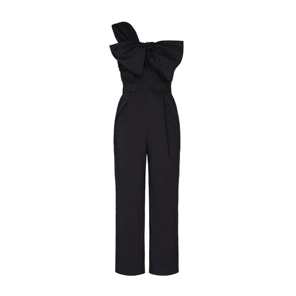 MSGM Women's Tuta One Shoulder Ruffle Bow Jumpsuit with Pockets, Black, Ankle Cropped, Size 2