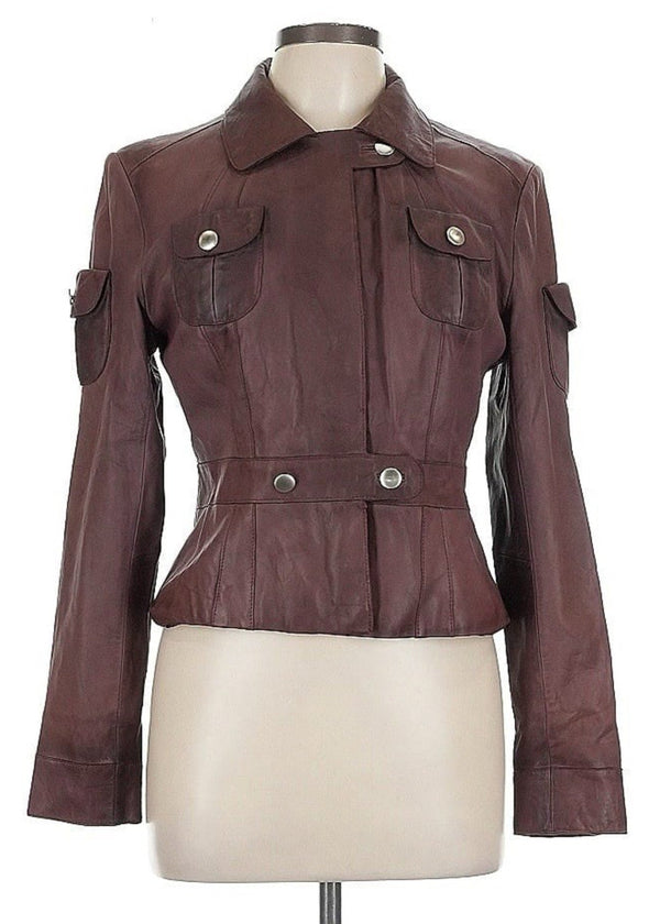 Heart Moon Star Women's Brown Leather Classic Moto Safari Jacket Large