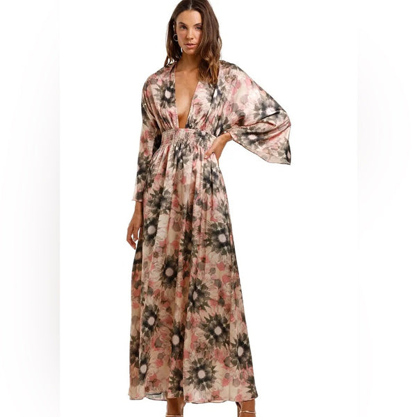 Misa Los Angeles Women’s Pink Floral Deep V Maxi Dress Long Sleeve Small