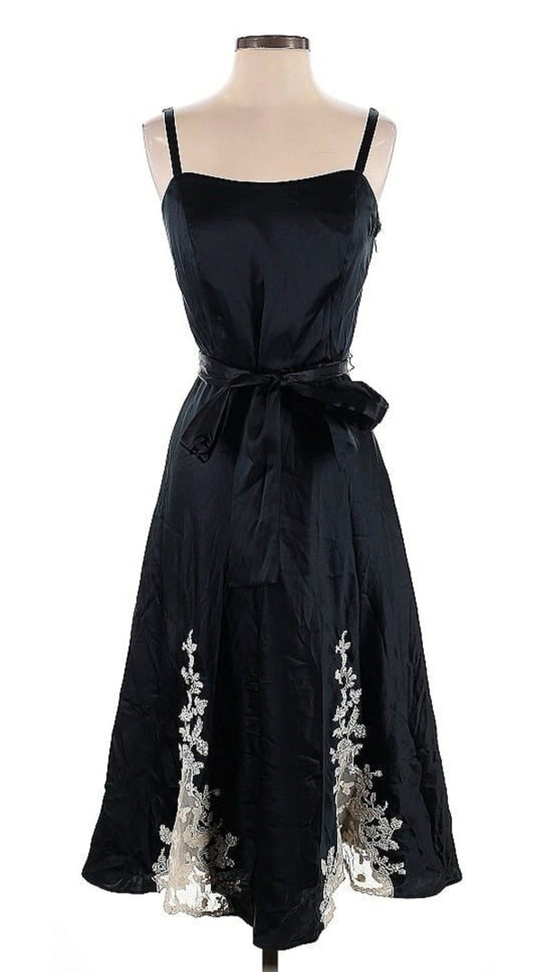 NWT Susan Lucci Women's Black & White Floral Silk Midi Dress with Lace Tie Belt – Size 4