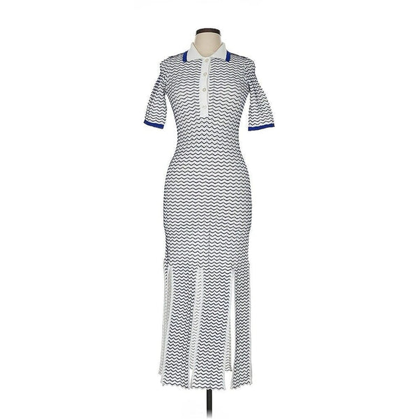 Remain Women’s 3D Wave Knit Polo Slit Dress - Blue Chevron, Size 8