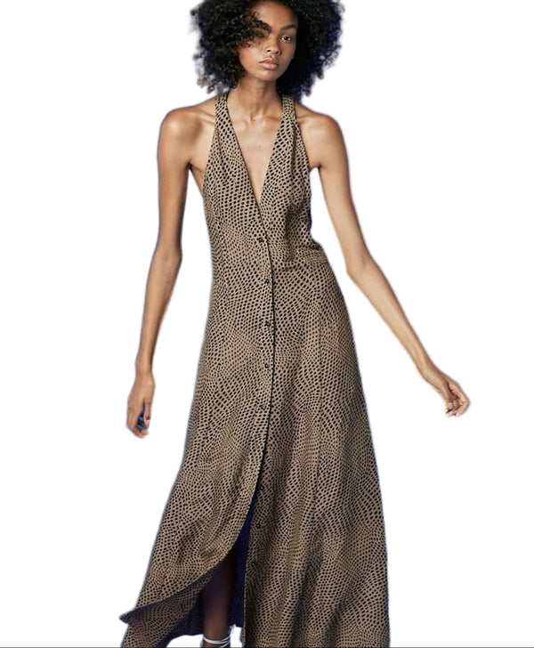 DVF Diane von Furstenberg Women’s Sleeveless Button Down V-Neck Brown Print Maxi Dress Small
