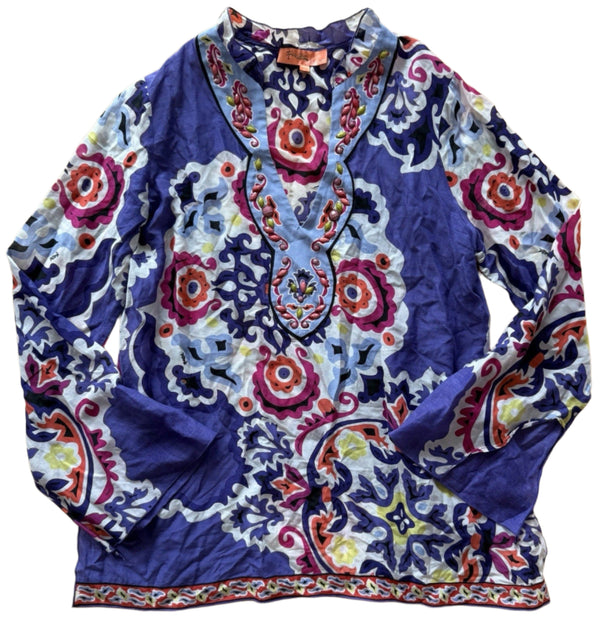 Hale Bob Women's Cabana Purple Beaded Kaftan Top Cotton Silk Size Large