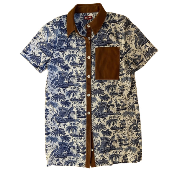 Staud Women’s Mini Shirt Dress – Blue Toile Print & Cognac Faux Leather Collar Size Small