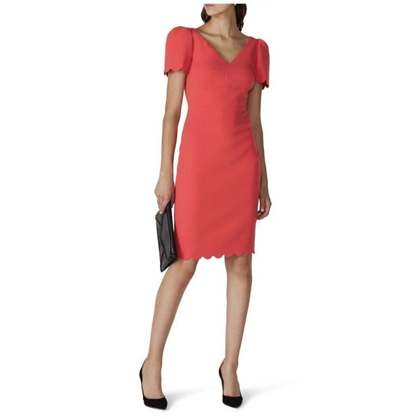 LK Bennett Women's Enid Dress in Geranium Red-Orange, Scallop Trim, Size 10