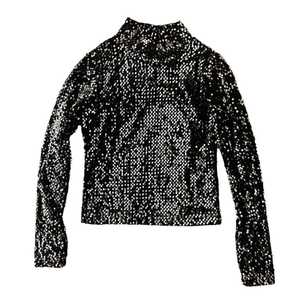 Super Down Silver Sequin Mock Neck Long Sleeve Top Disco Sparkle Black 4