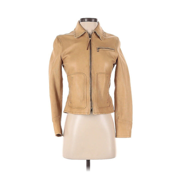 VTG Ralph Lauren Blue Label Women's Tan Deerskin Leather Moto Jacket - Zipper Collar, Size 2