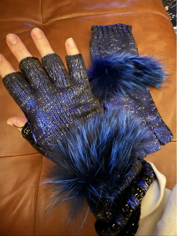 Michie’s New York Knit Metallic Blue Black Fingerless Gloves with Genuine Fox Fur Cuffs
