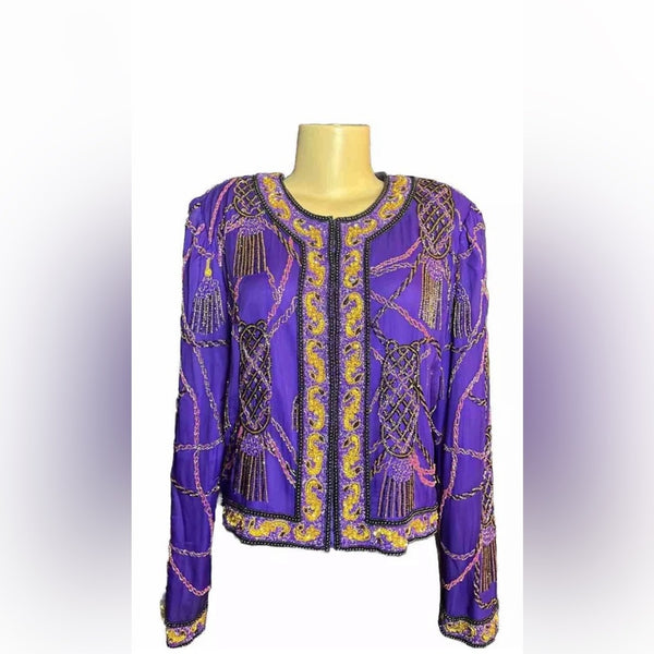 VTG Lawrence Kazar Purple Sequin silk Tassel Cropped Jacket Beaded Evening M