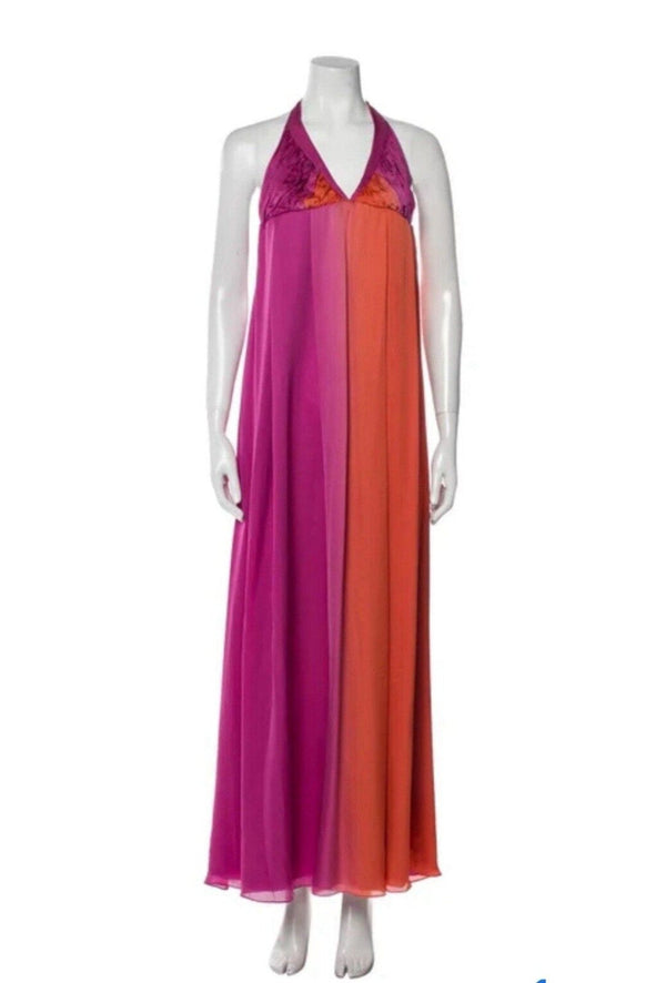 Kiki de Montparnasse Women's Pink and Orange Ombre Silk Babydoll Halter Maxi Gown Dress, Size Small