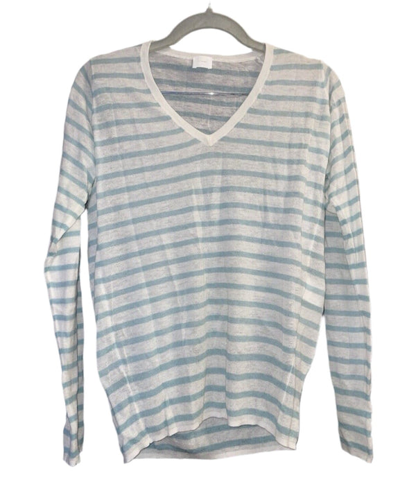 CT Plage Teal Women's and White Striped V-Neck Lightweight Long Sleeve Shirt, US Size 6