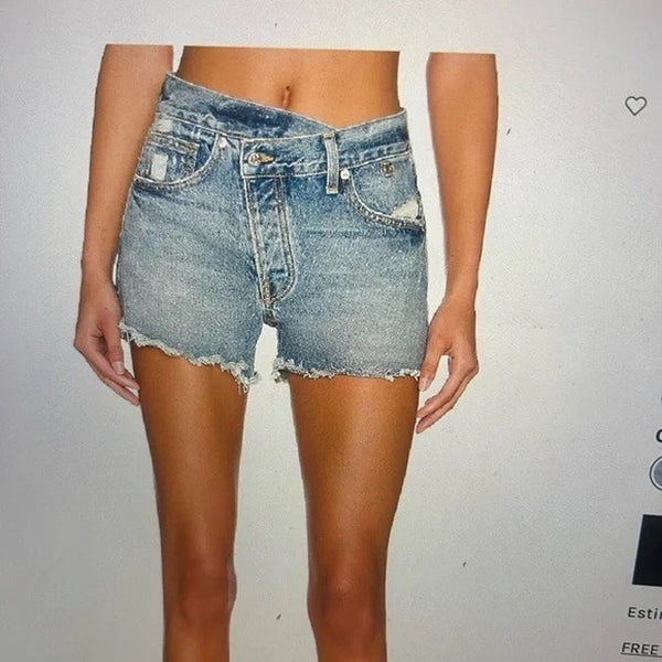 EB Denim Women’s Jeanette Crossover Jean Shorts – Blue Cutoff Size 24