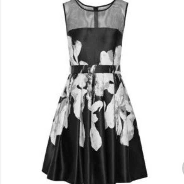 Halston Heritage Women's Black & White Floral Satin Mini Dress | Size 10