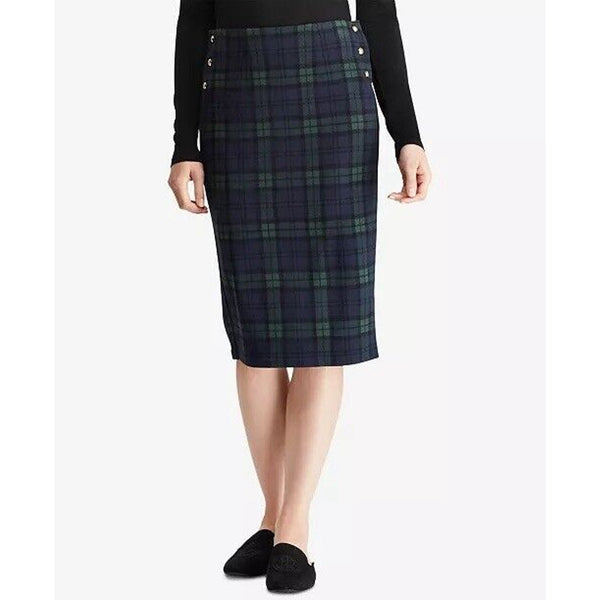 LAUREN RALPH LAUREN Plaid Jacquard Midi Pencil Skirt Side Gold Button Tartan M