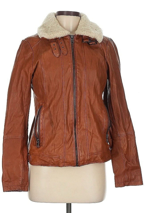 Banana Republic Women’s Boa Leather Aviator Jacket – Brown Shearling Collar – Medium