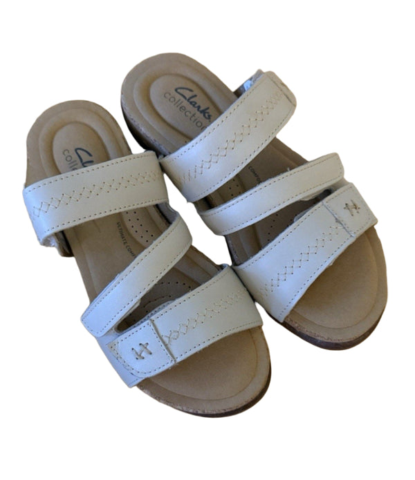 Clarks Collection White Leather Slide Sandals – Adjustable Straps, Small Wedge, Size 6.5M